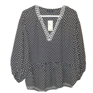 Max Edition Medium Womens‎ Long Sleeve V-neck  Blouse Black White Polka Dot New